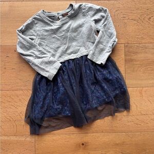 Girls' Gray Long-Sleeve Dress with Navy Tulle Skirt